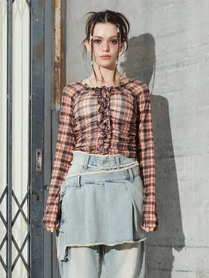 Lace-Up Shirring Plaid Top
