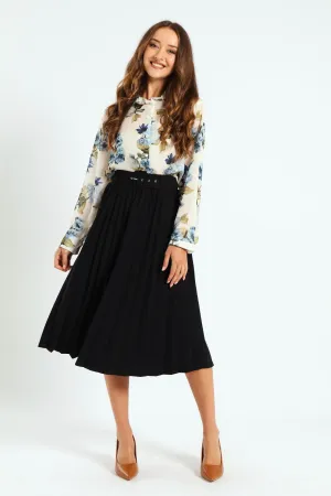 Ladies Covered Belt Pleated Midi Skirt - Black