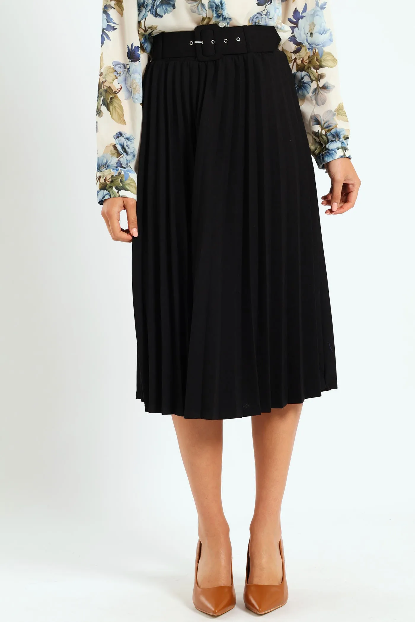 Ladies Covered Belt Pleated Midi Skirt - Black