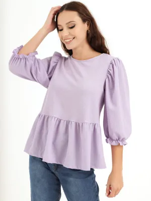 Ladies Crinkle Puff Sleeve Frill Hem Top - Lilac