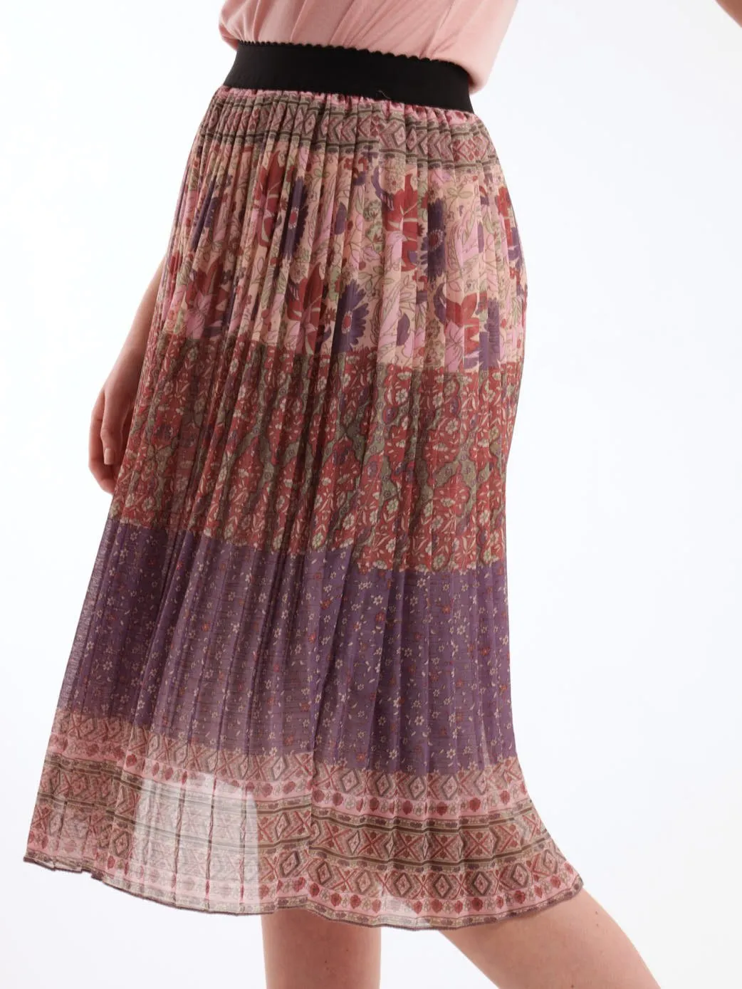 Ladies Pleated Patchwork Striped Skirt - Lilac