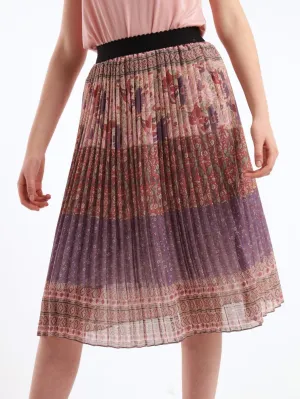 Ladies Pleated Patchwork Striped Skirt - Lilac