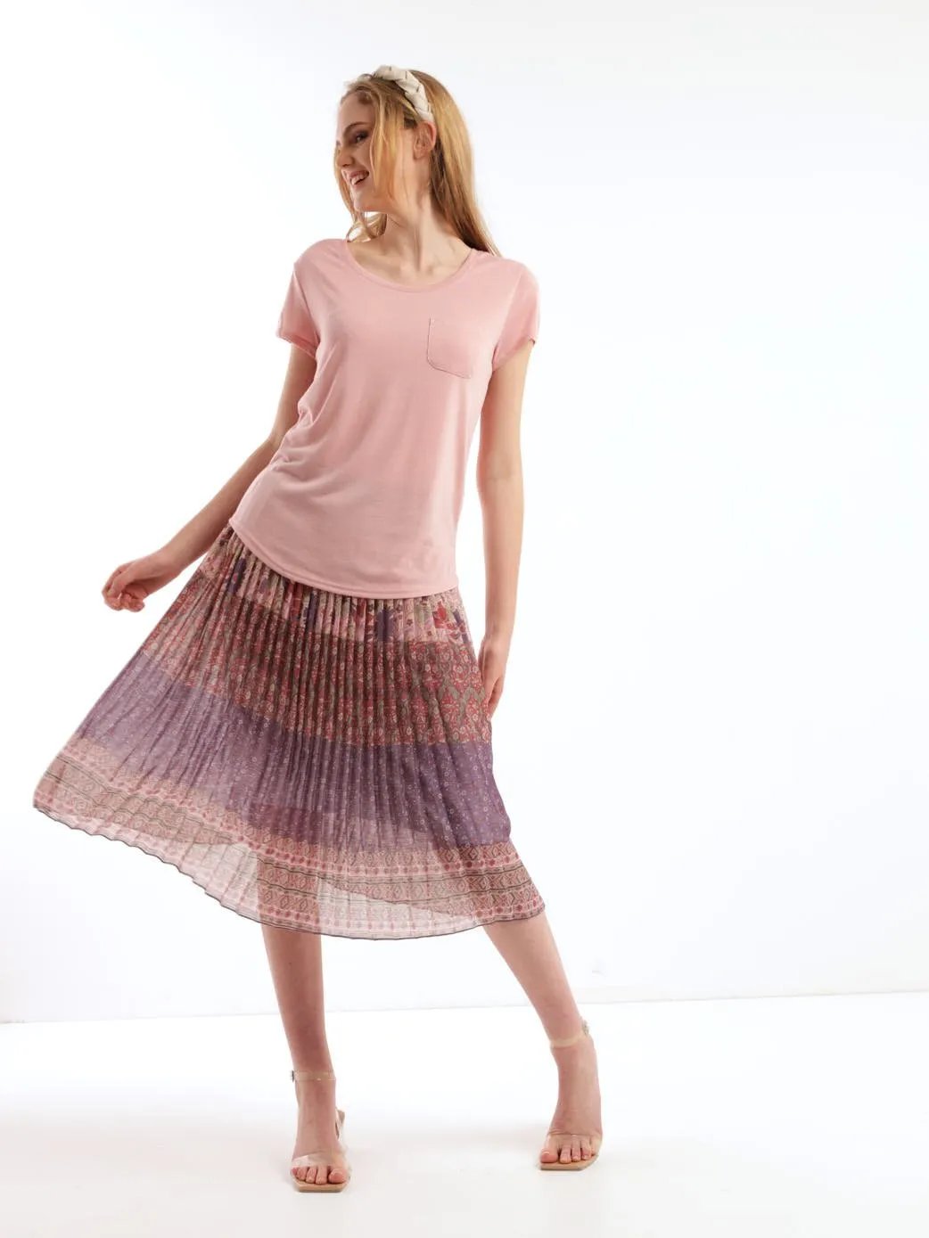 Ladies Pleated Patchwork Striped Skirt - Lilac