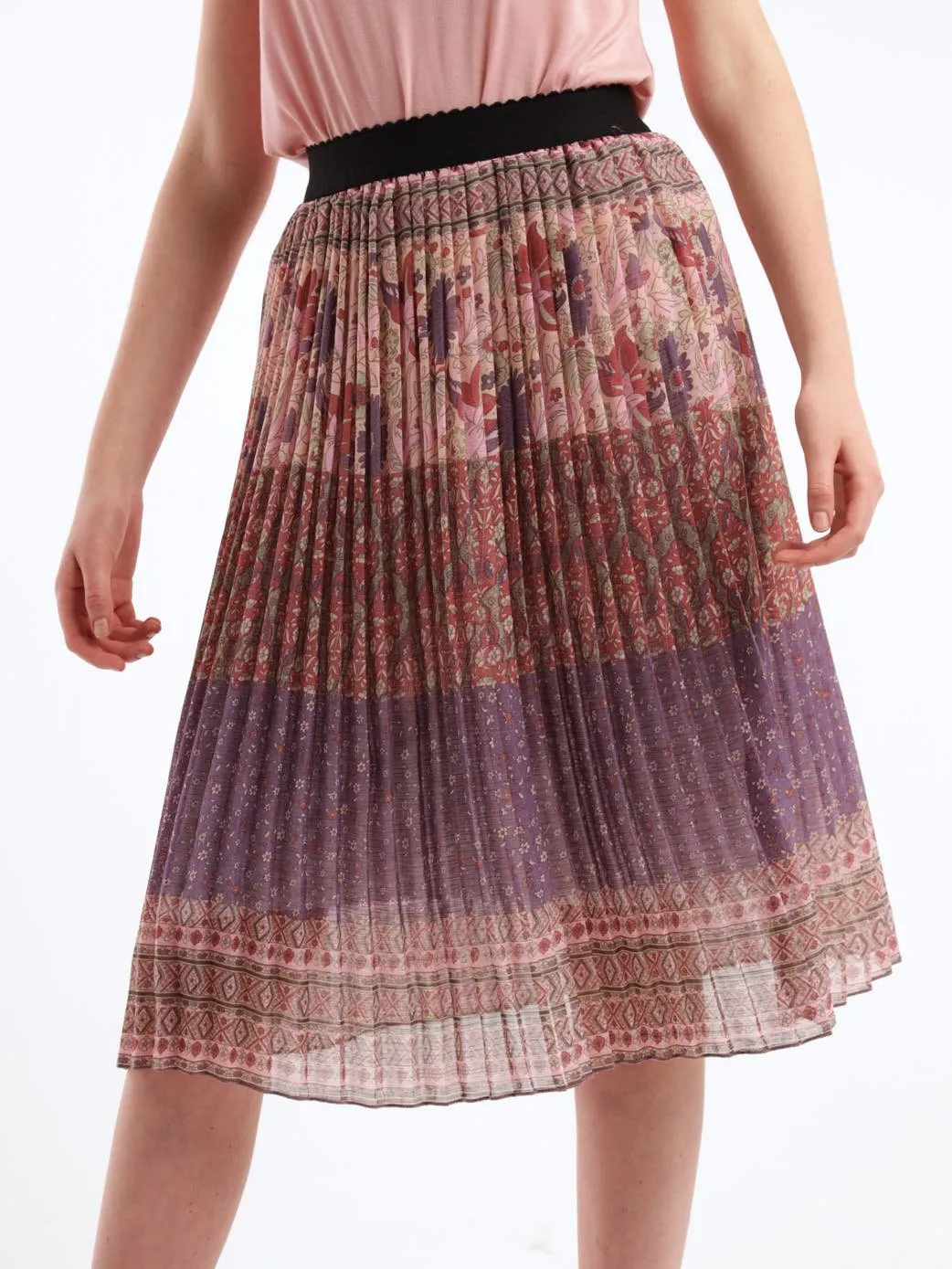 Ladies Pleated Patchwork Striped Skirt - Lilac