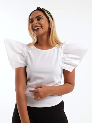 Ladies Poplin Puff Sleeve Top - White