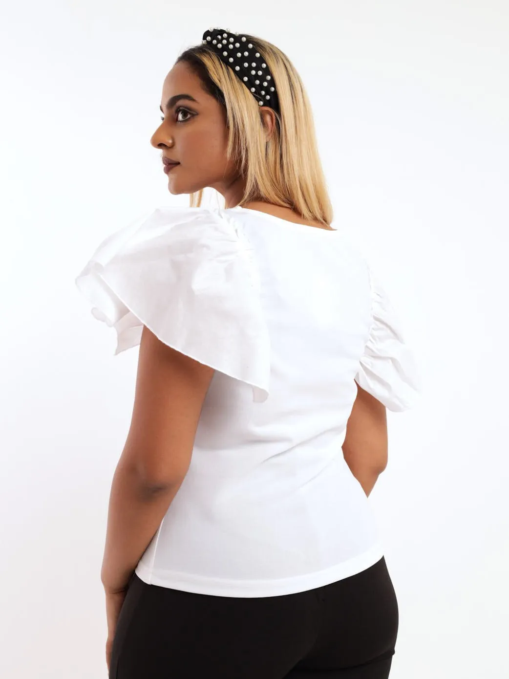 Ladies Poplin Puff Sleeve Top - White