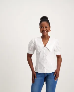 Ladies Poplin Shirt With Lace Edge Collar-White