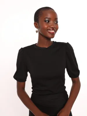 Ladies Puff Sleeve Crinkle Top - Black