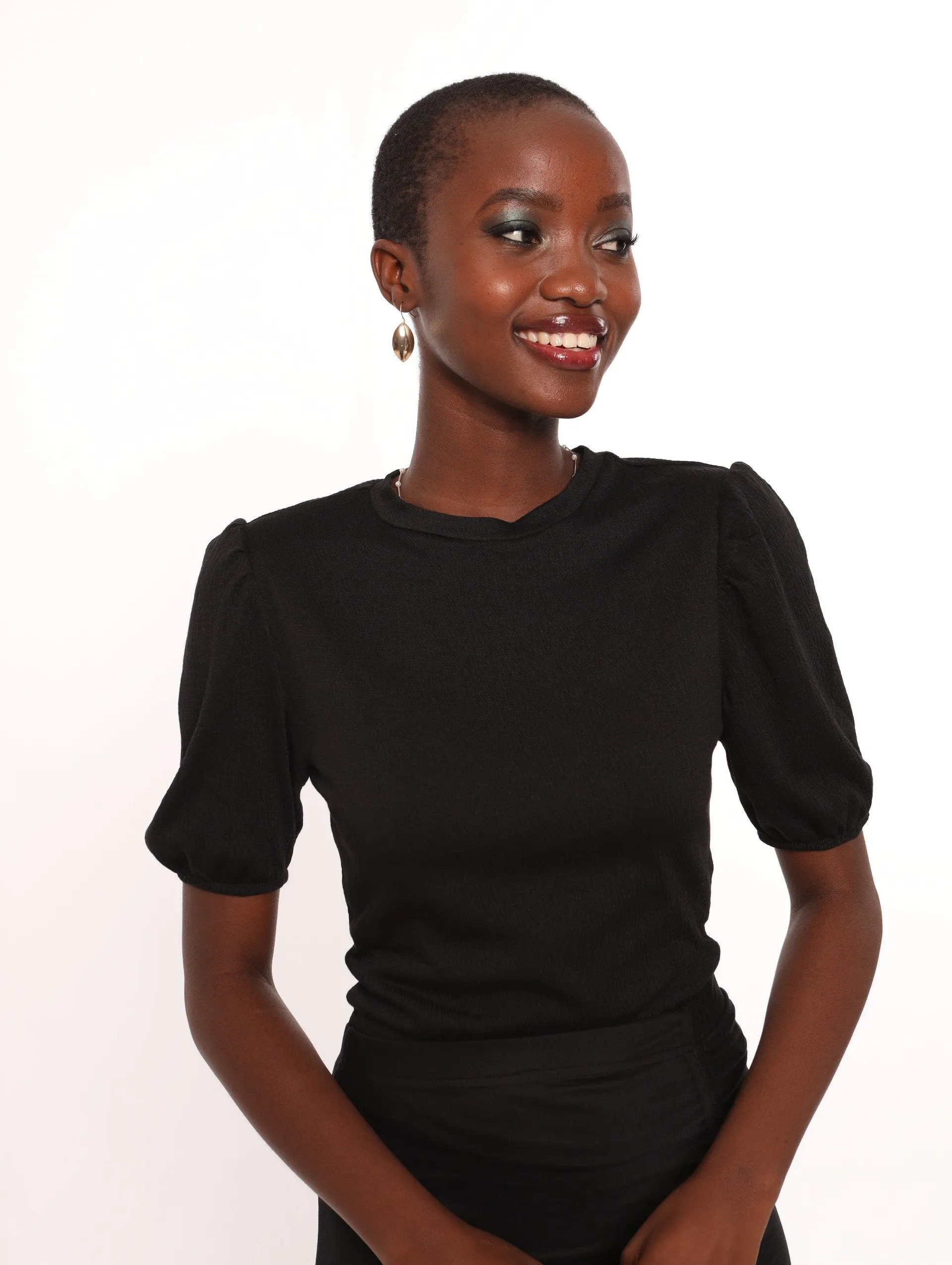 Ladies Puff Sleeve Crinkle Top - Black