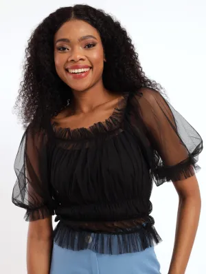 Ladies Puff Sleeve Elastic Waist Top - Black