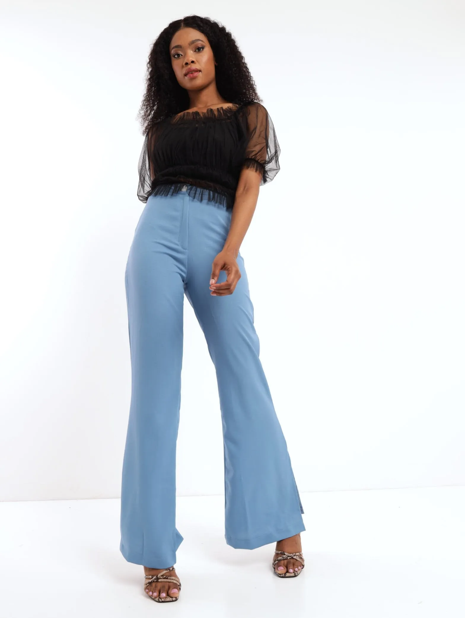 Ladies Puff Sleeve Elastic Waist Top - Black