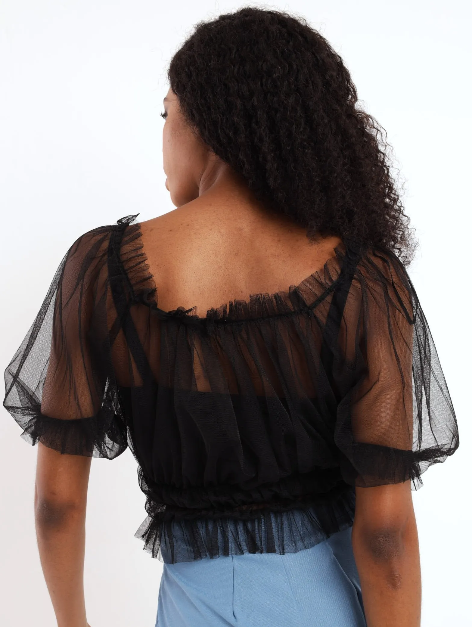 Ladies Puff Sleeve Elastic Waist Top - Black
