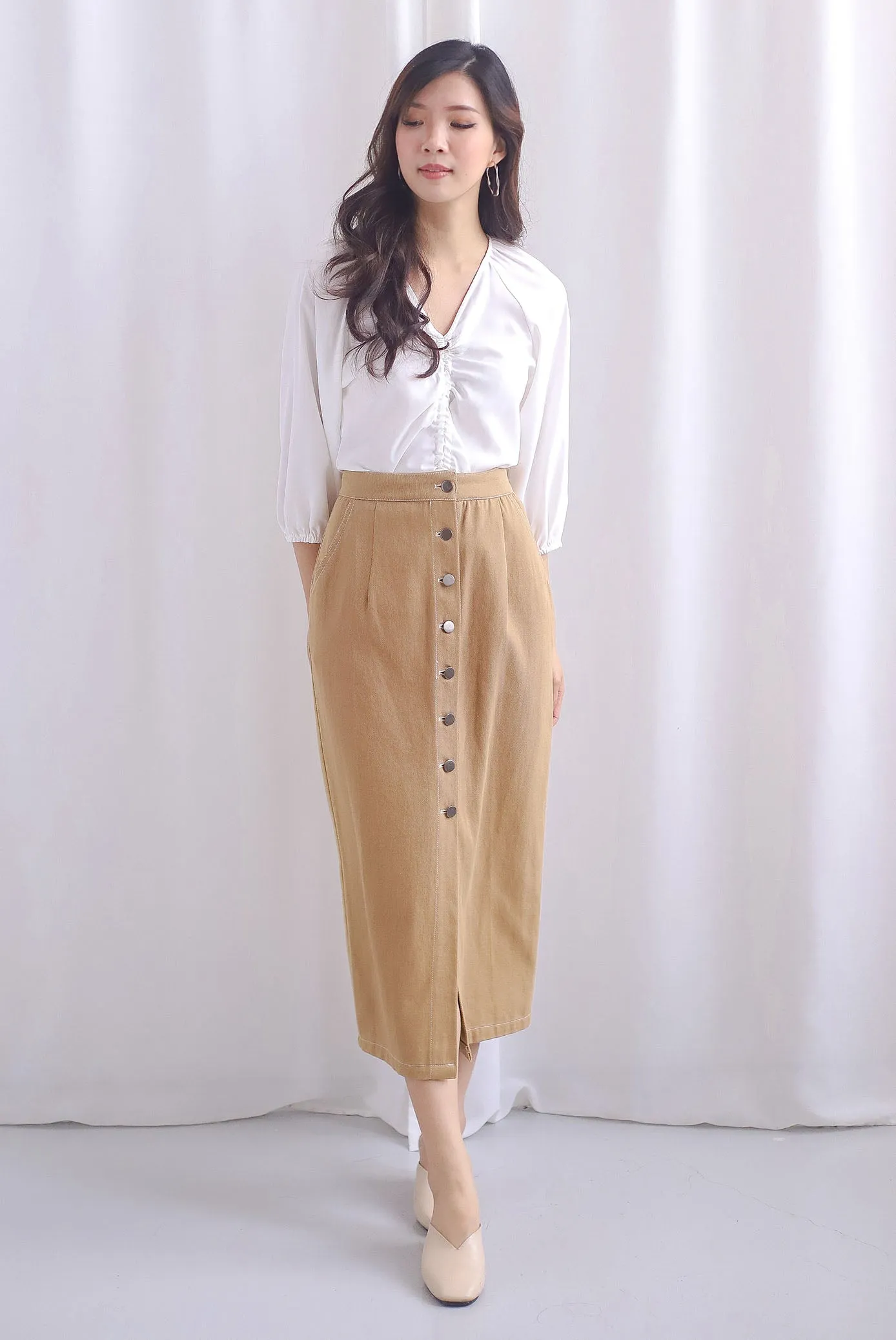 Langford Drawstring Sleeve Top In White