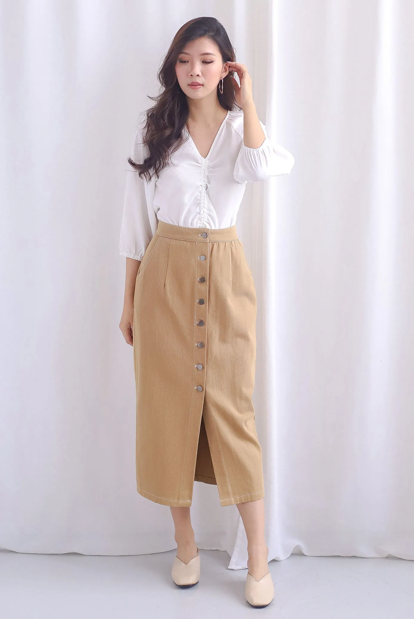 Langford Drawstring Sleeve Top In White