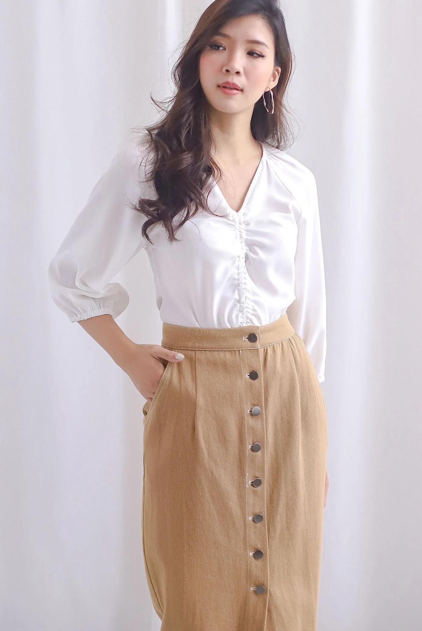 Langford Drawstring Sleeve Top In White