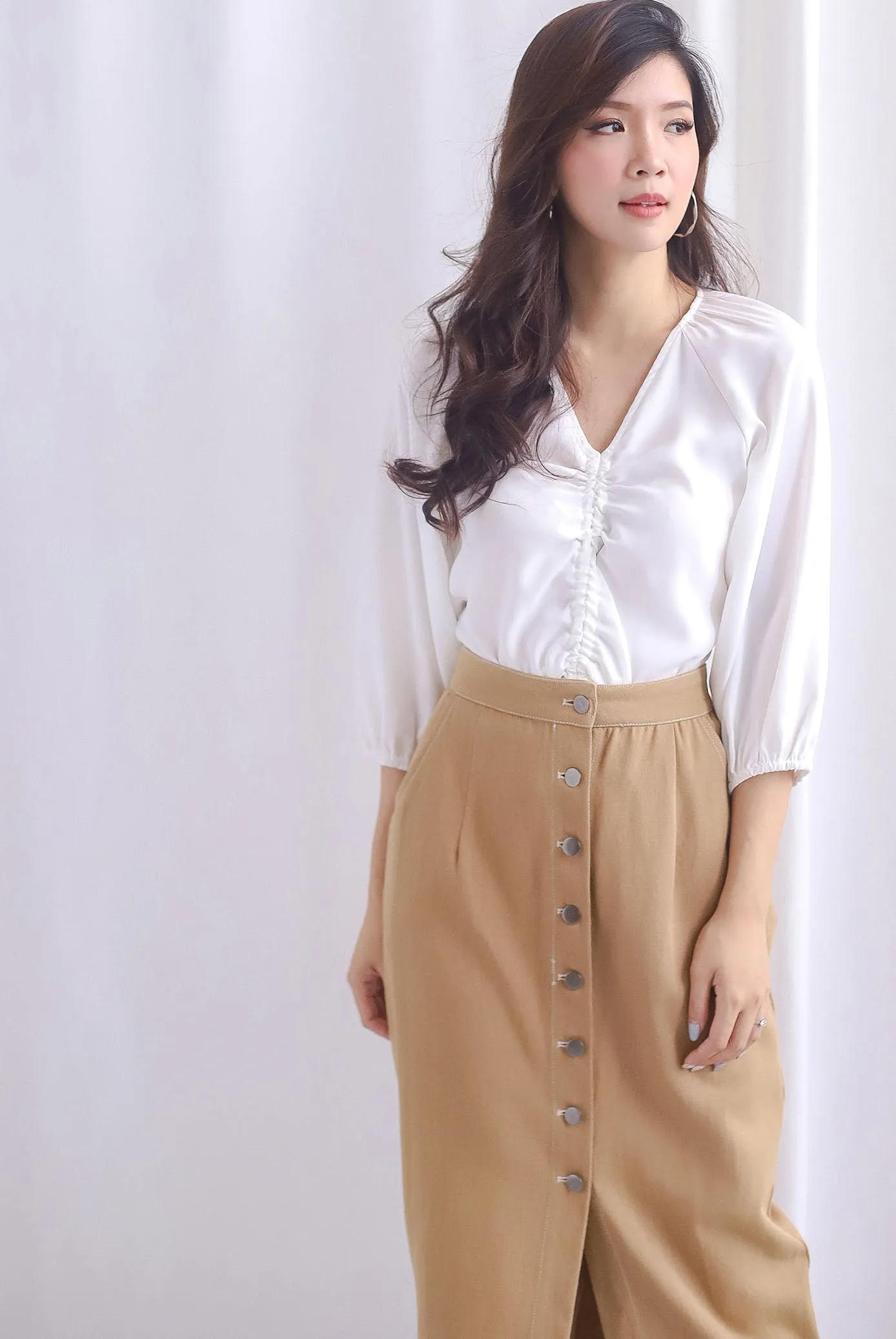 Langford Drawstring Sleeve Top In White