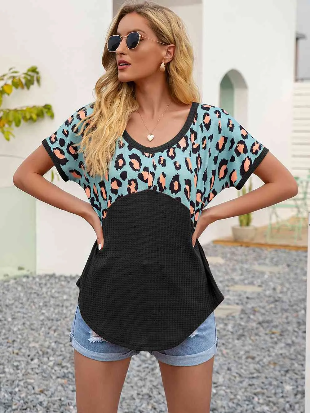 Leopard Waffle-Knit Short Sleeve Top (4 Colors)