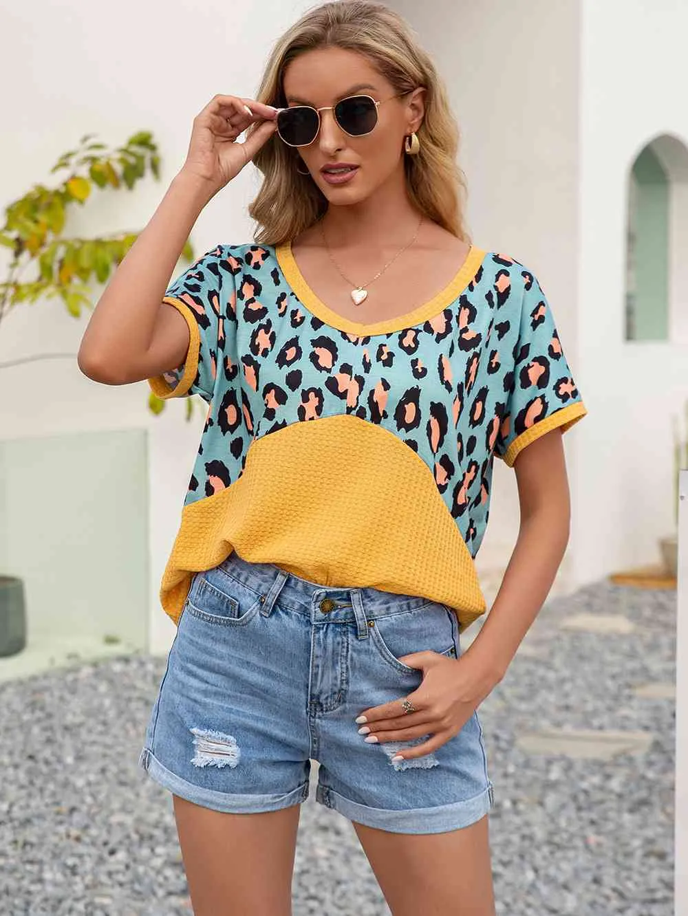 Leopard Waffle-Knit Short Sleeve Top (4 Colors)