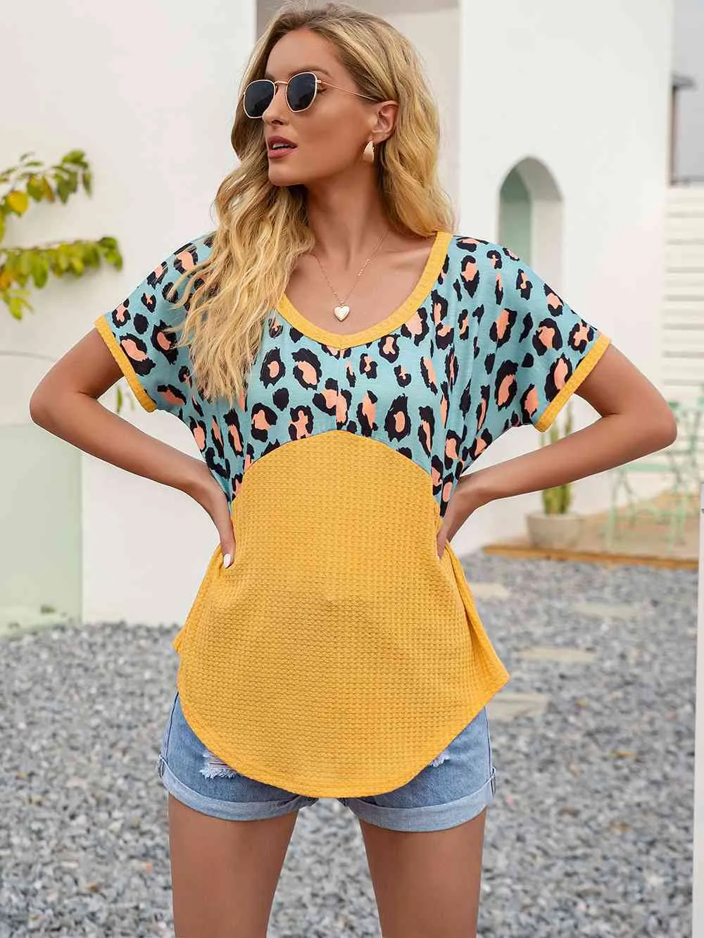 Leopard Waffle-Knit Short Sleeve Top (4 Colors)