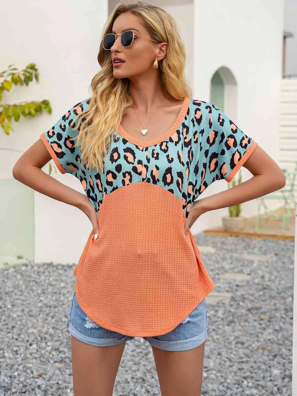 Leopard Waffle-Knit Short Sleeve Top (4 Colors)