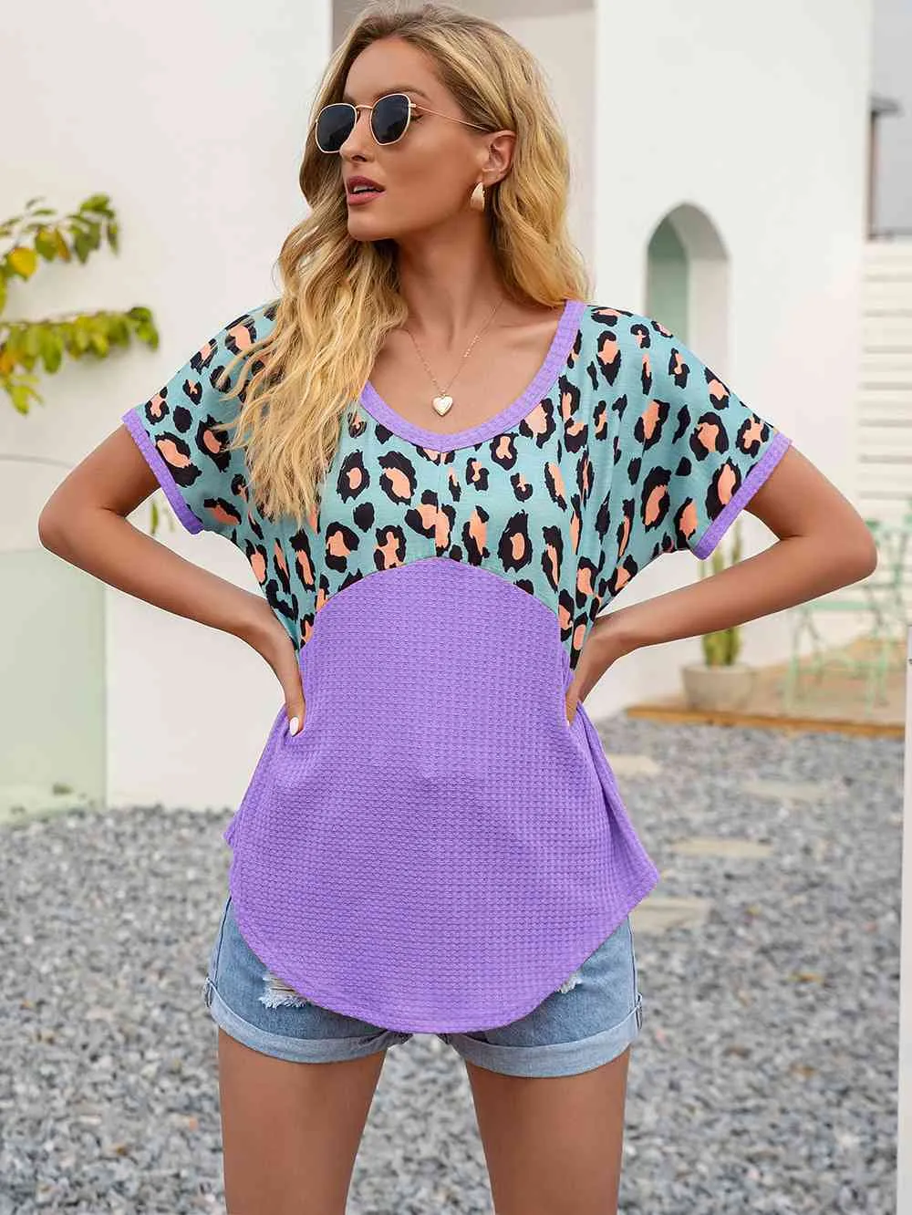 Leopard Waffle-Knit Short Sleeve Top (4 Colors)