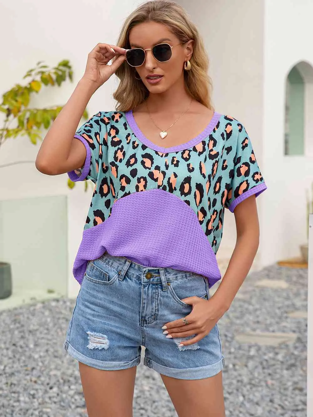 Leopard Waffle-Knit Short Sleeve Top (4 Colors)