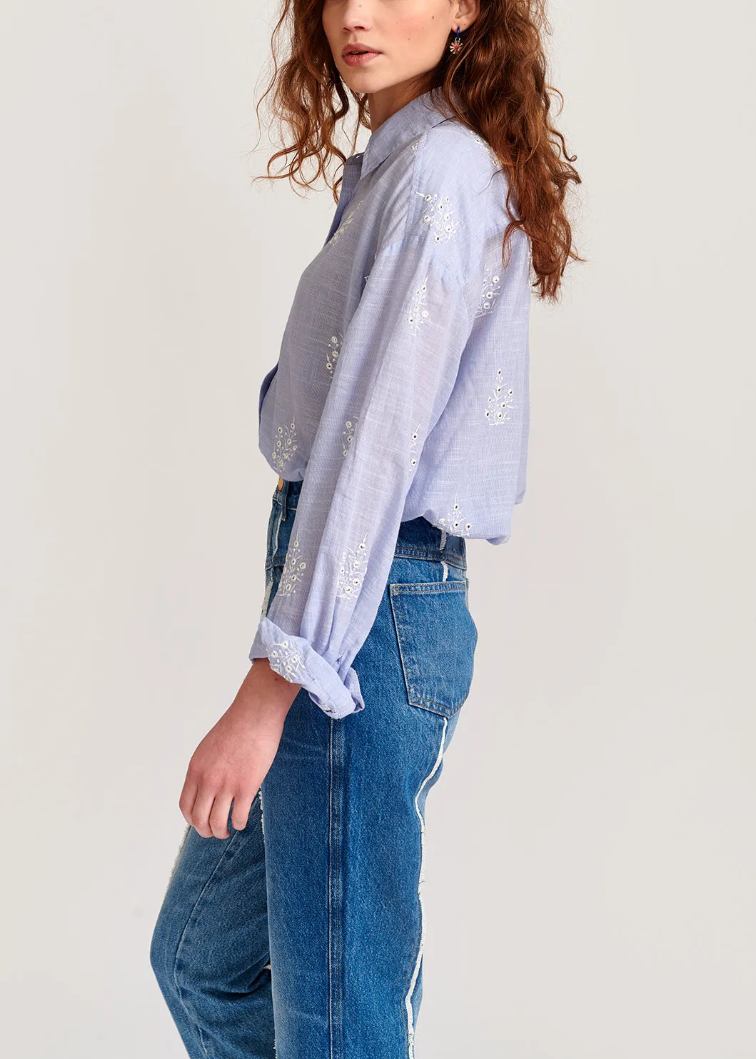 Light blue embellished embroidered cotton shirt