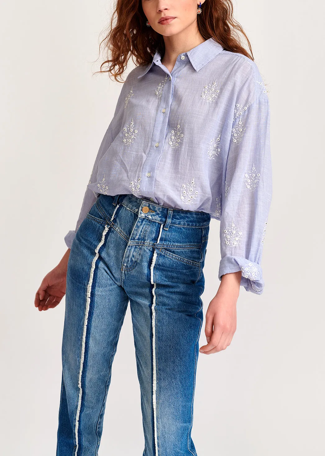 Light blue embellished embroidered cotton shirt