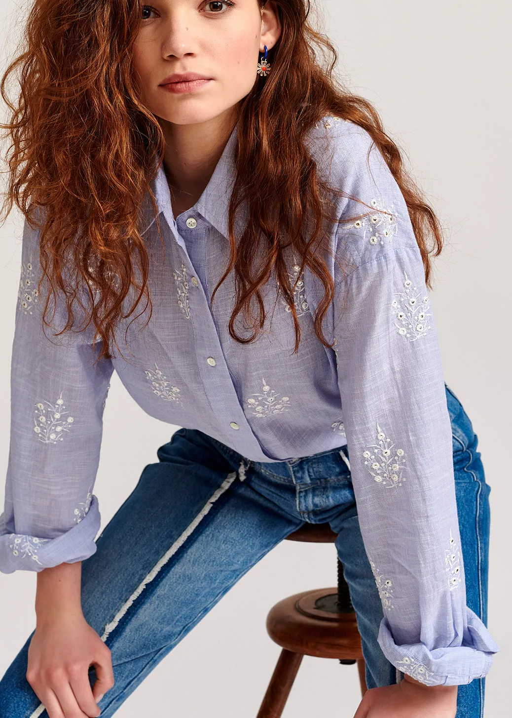 Light blue embellished embroidered cotton shirt