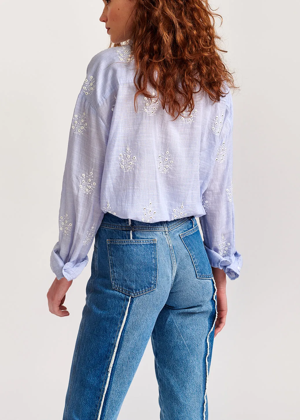 Light blue embellished embroidered cotton shirt