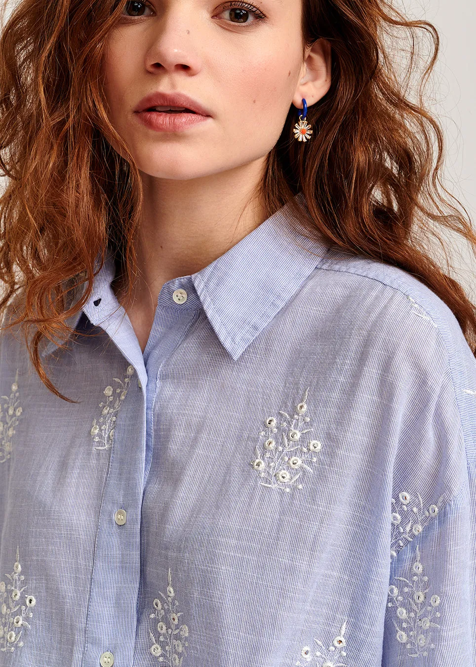 Light blue embellished embroidered cotton shirt