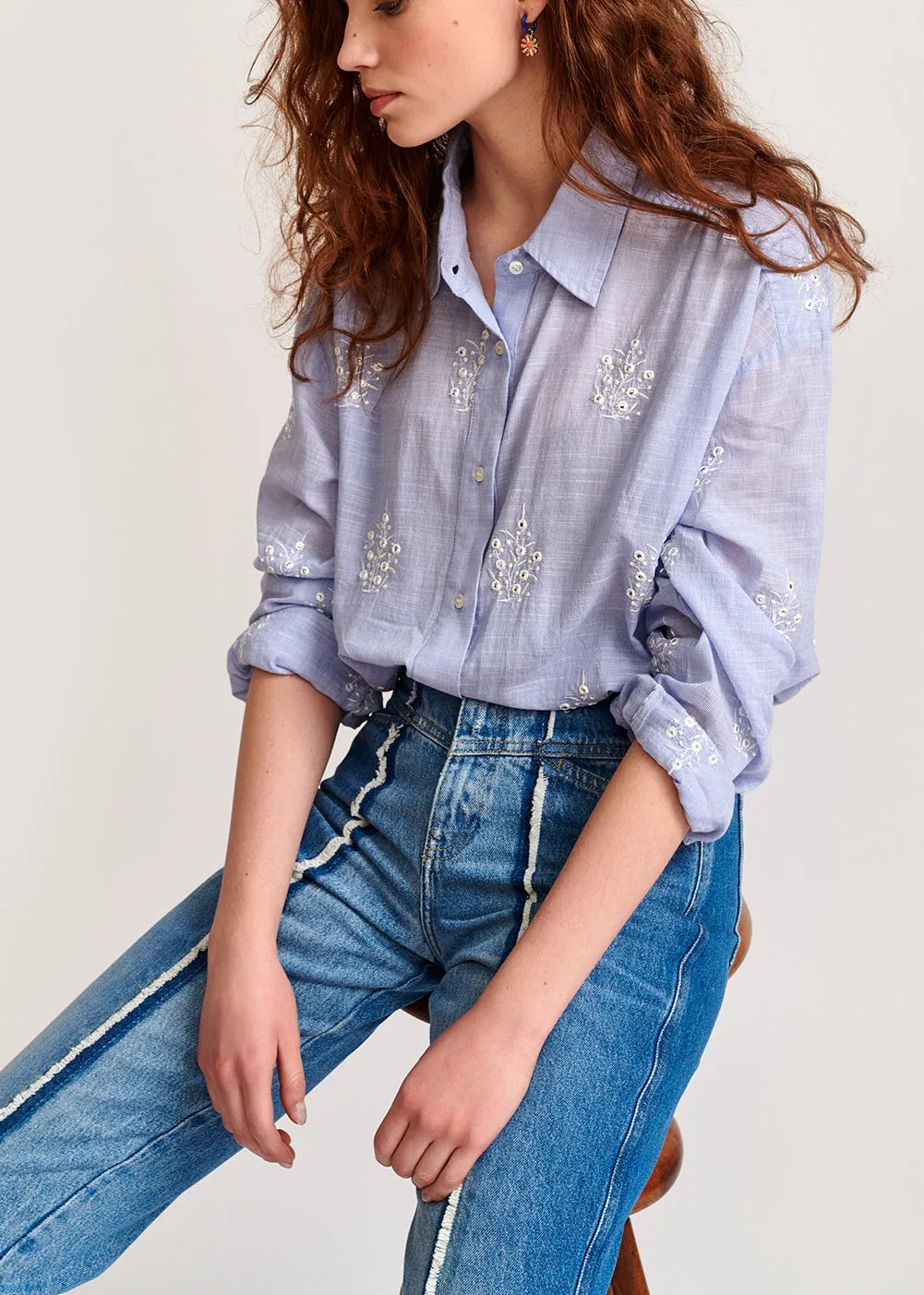 Light blue embellished embroidered cotton shirt