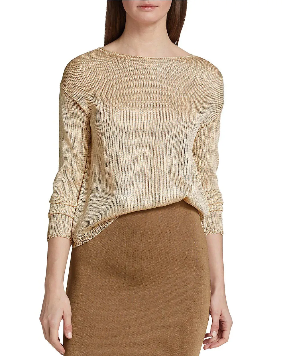 Light Straw Metallic Open Knit Top