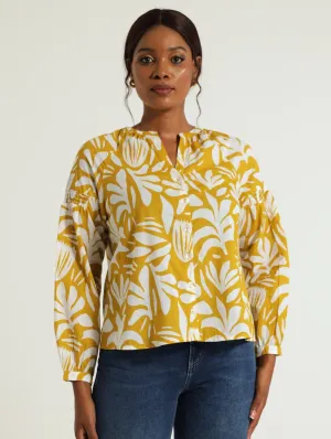 Long Puff Sleeve Voile Button Through Blouse - Chartreuse