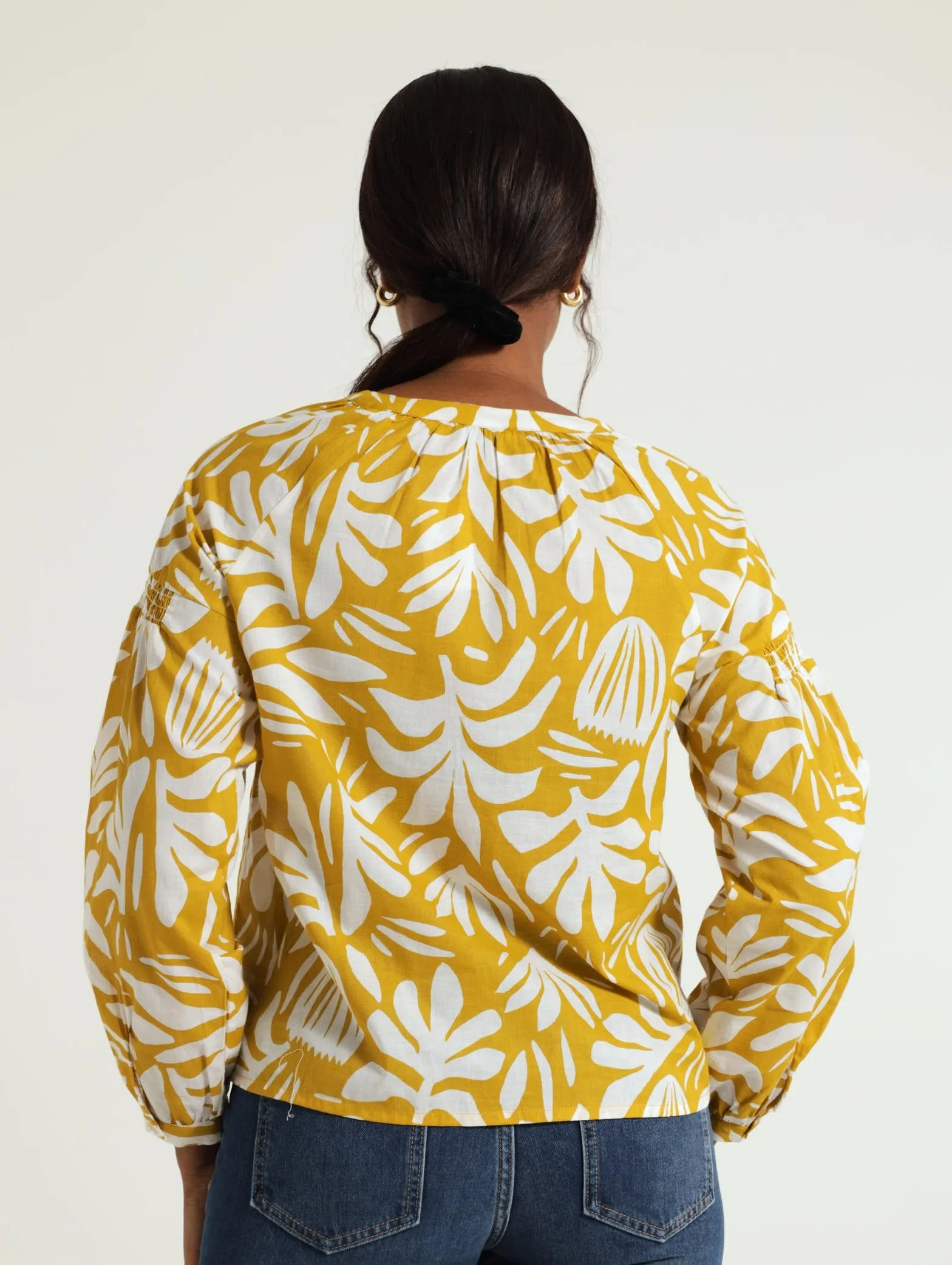 Long Puff Sleeve Voile Button Through Blouse - Chartreuse