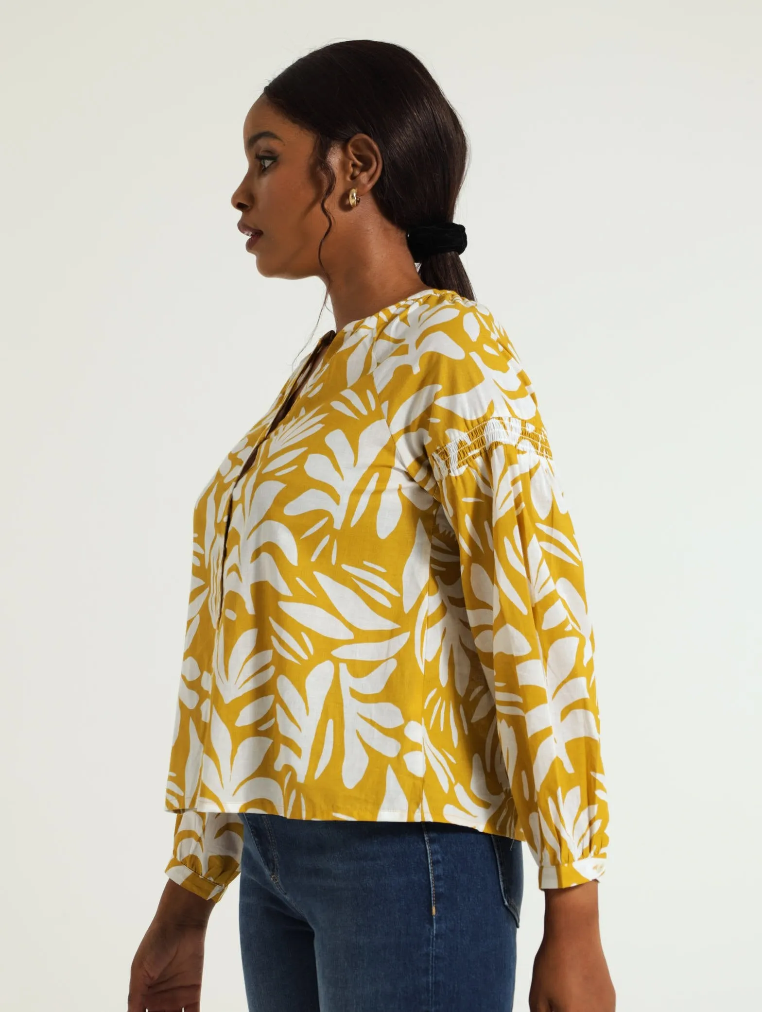 Long Puff Sleeve Voile Button Through Blouse - Chartreuse