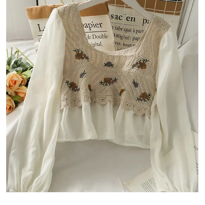 Long Sleeve Flower Embroidered Crochet Blouse Shirts