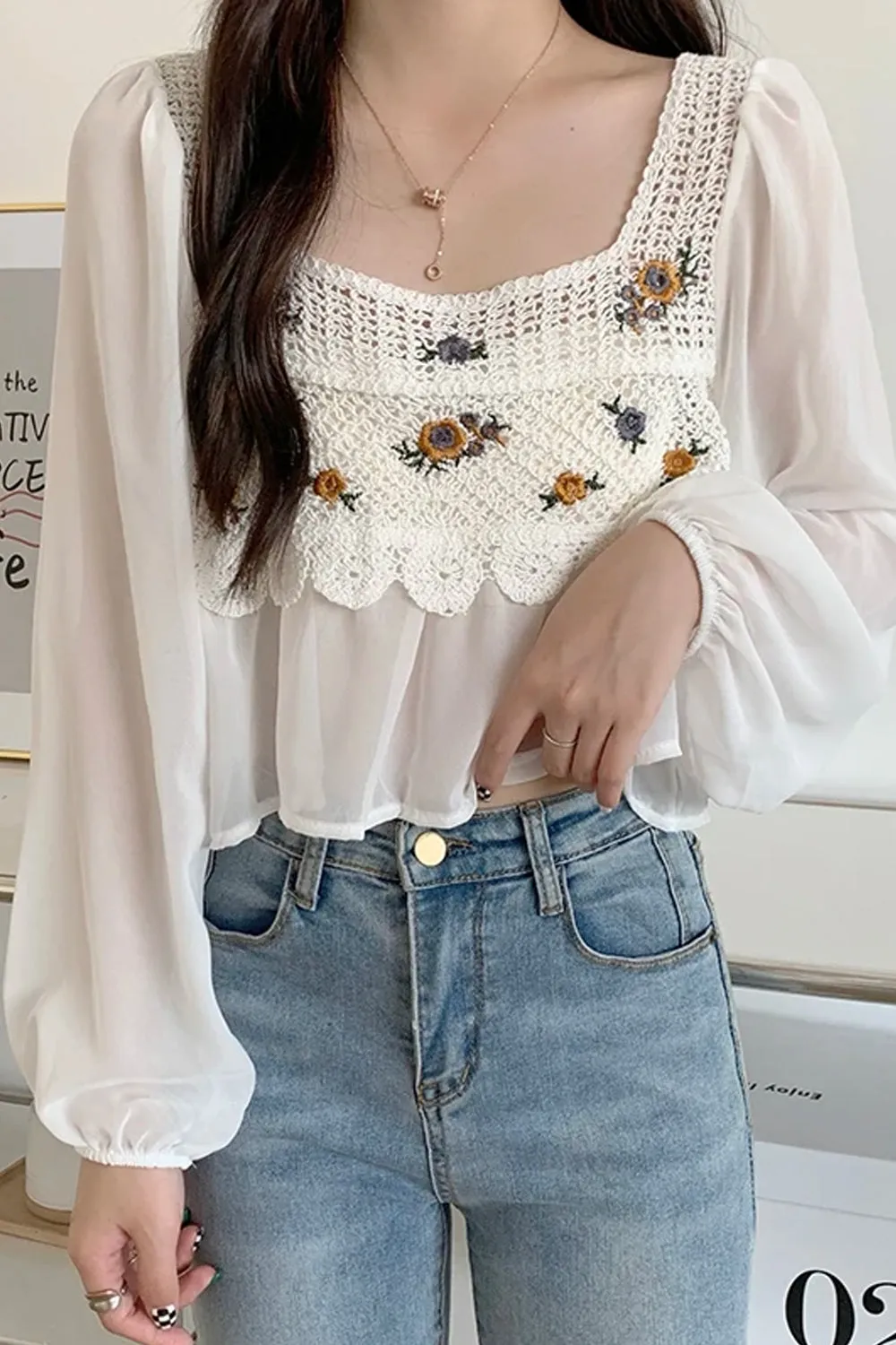 Long Sleeve Flower Embroidered Crochet Blouse Shirts