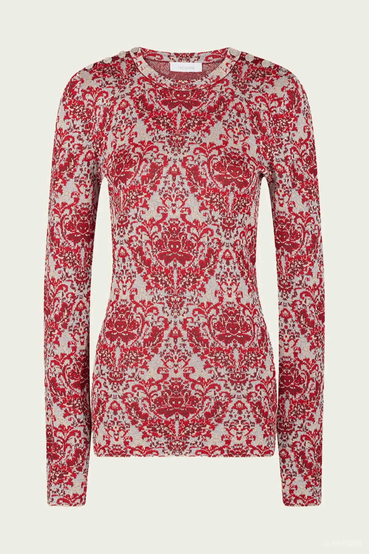 Long-Sleeve Metallic Top in Silver Paisley
