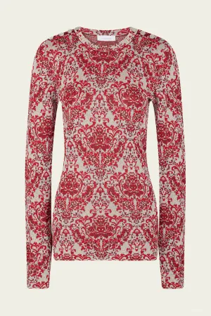 Long-Sleeve Metallic Top in Silver Paisley