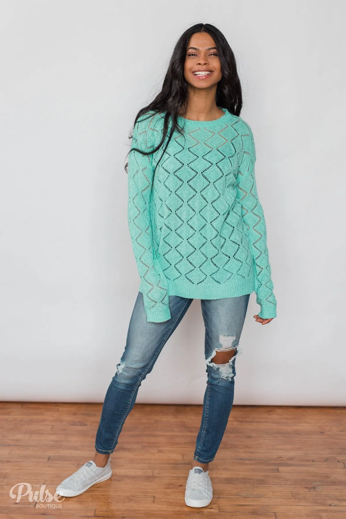 Long Sleeve Pointelle Knitted Sweater- MInt