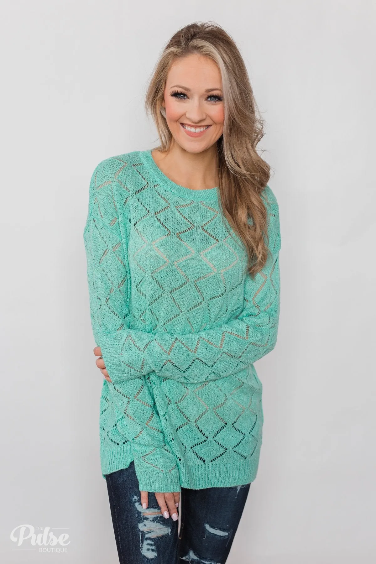 Long Sleeve Pointelle Knitted Sweater- MInt