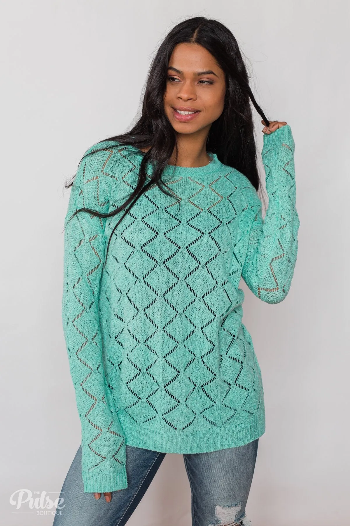 Long Sleeve Pointelle Knitted Sweater- MInt