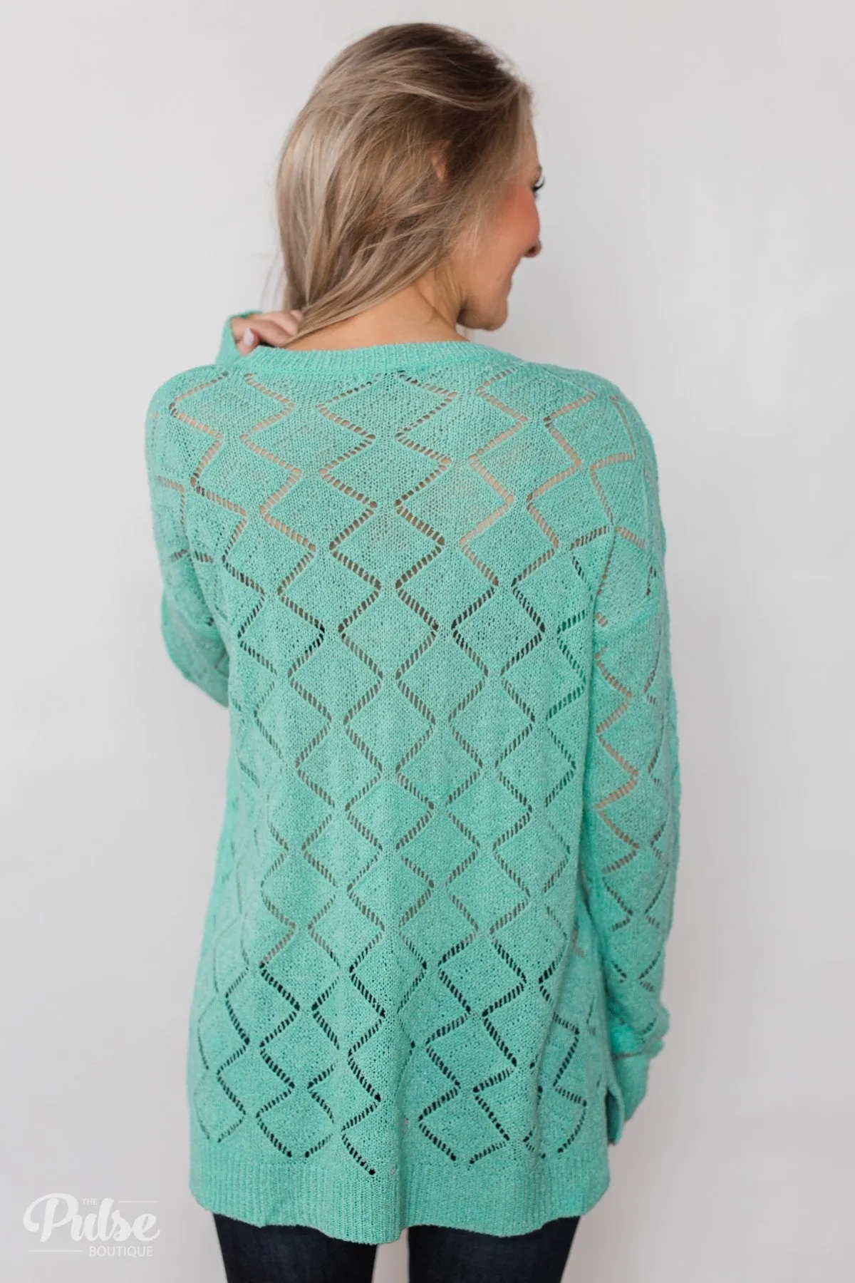 Long Sleeve Pointelle Knitted Sweater- MInt
