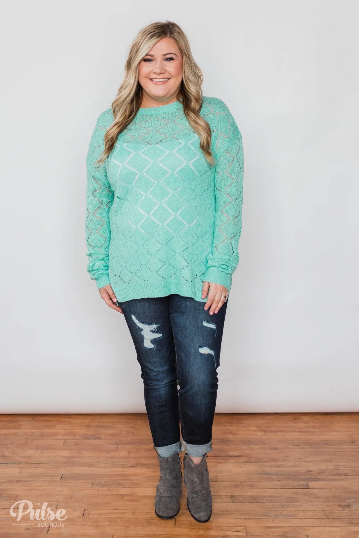 Long Sleeve Pointelle Knitted Sweater- MInt