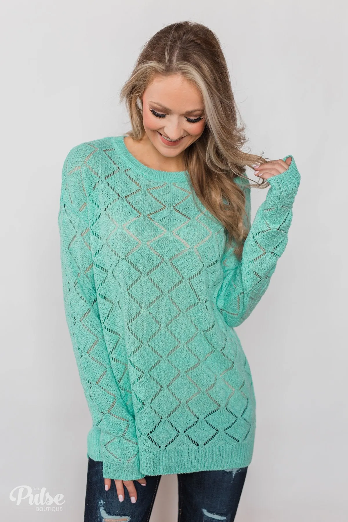 Long Sleeve Pointelle Knitted Sweater- MInt