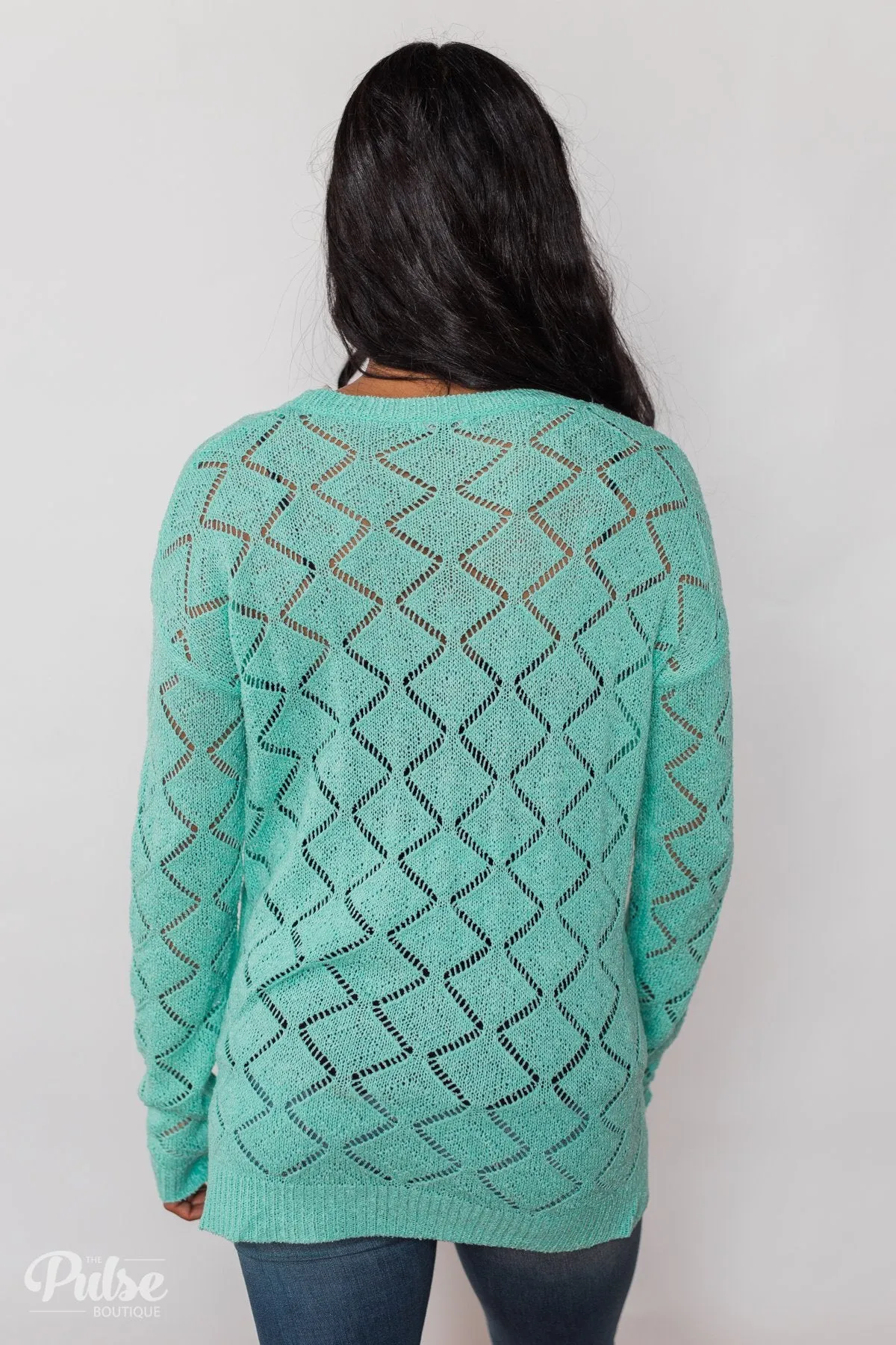 Long Sleeve Pointelle Knitted Sweater- MInt