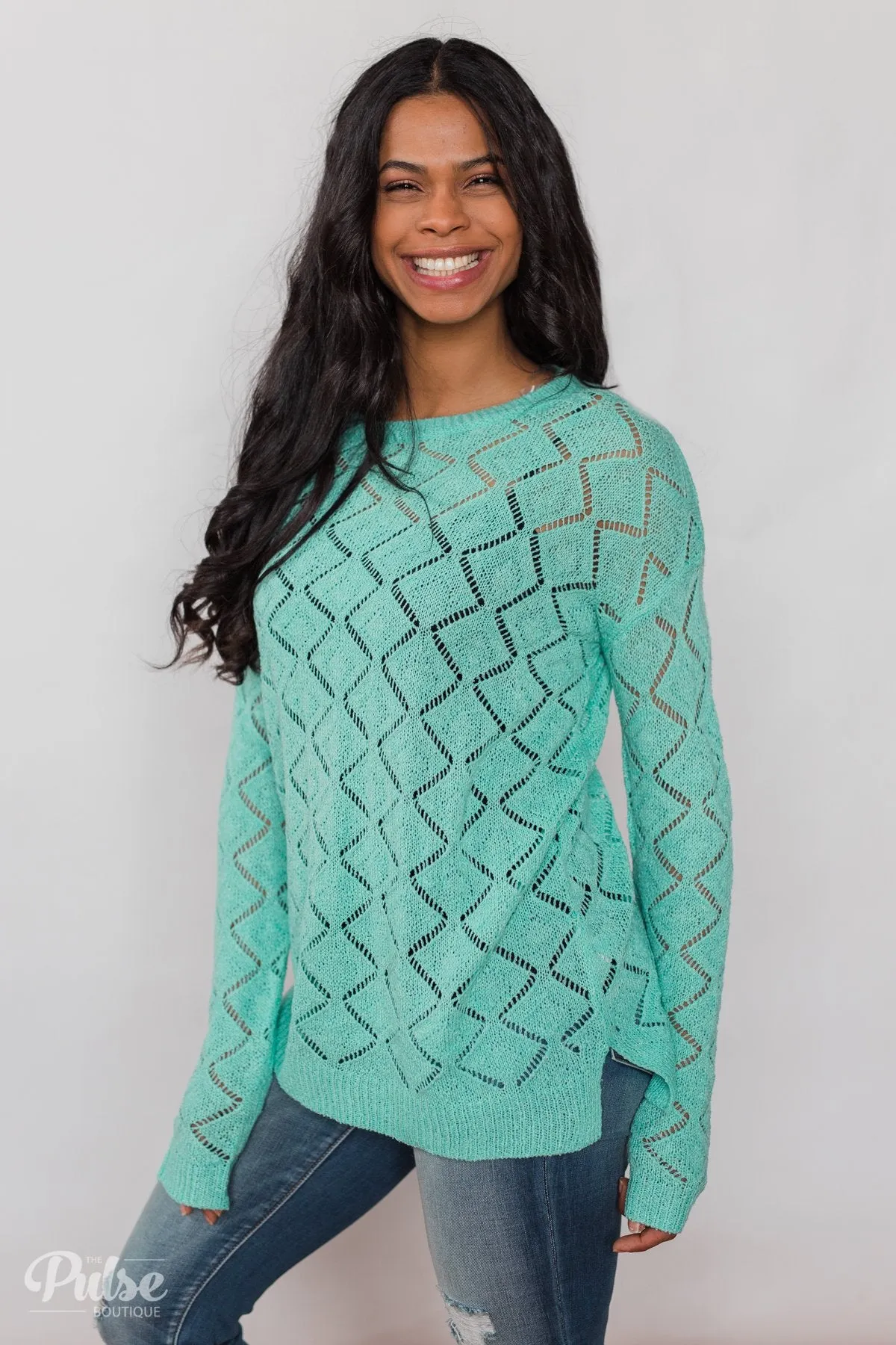 Long Sleeve Pointelle Knitted Sweater- MInt