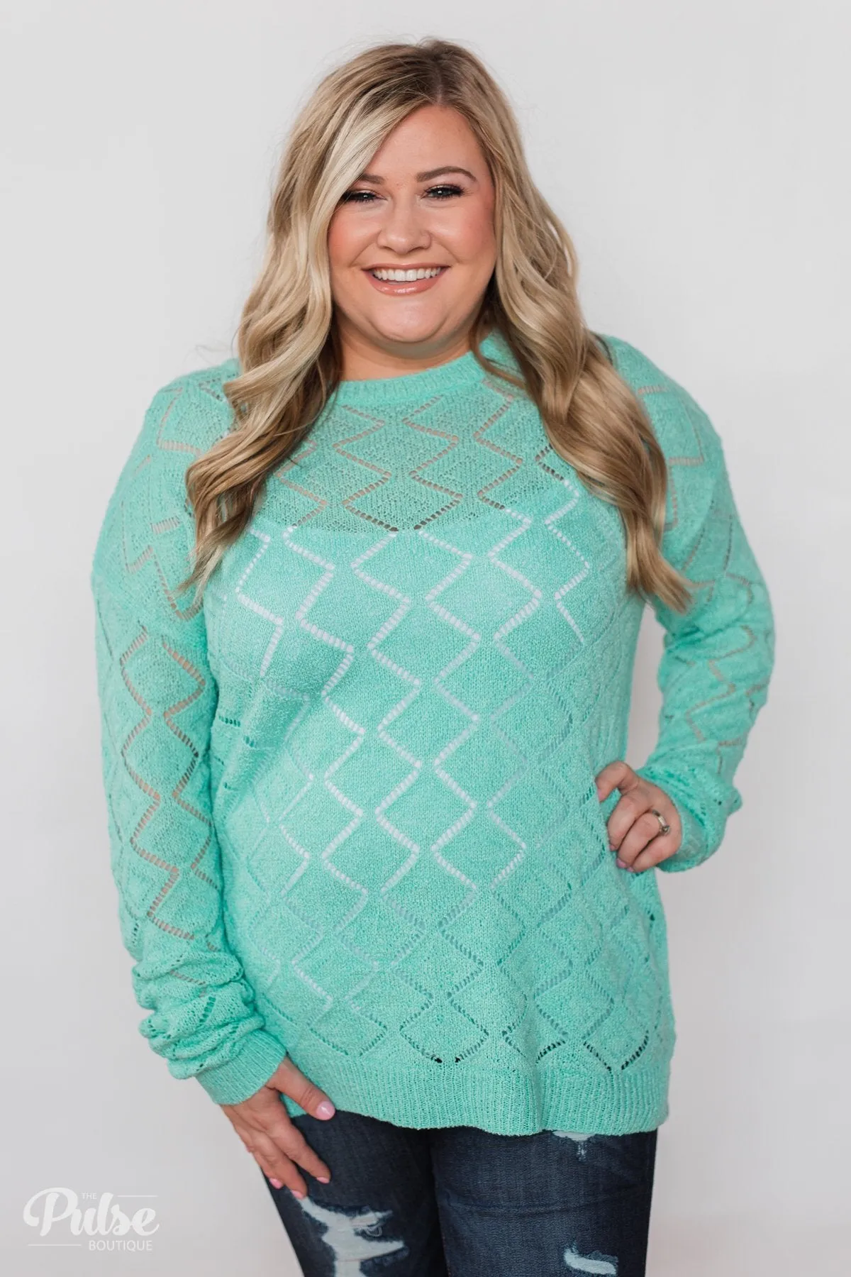 Long Sleeve Pointelle Knitted Sweater- MInt