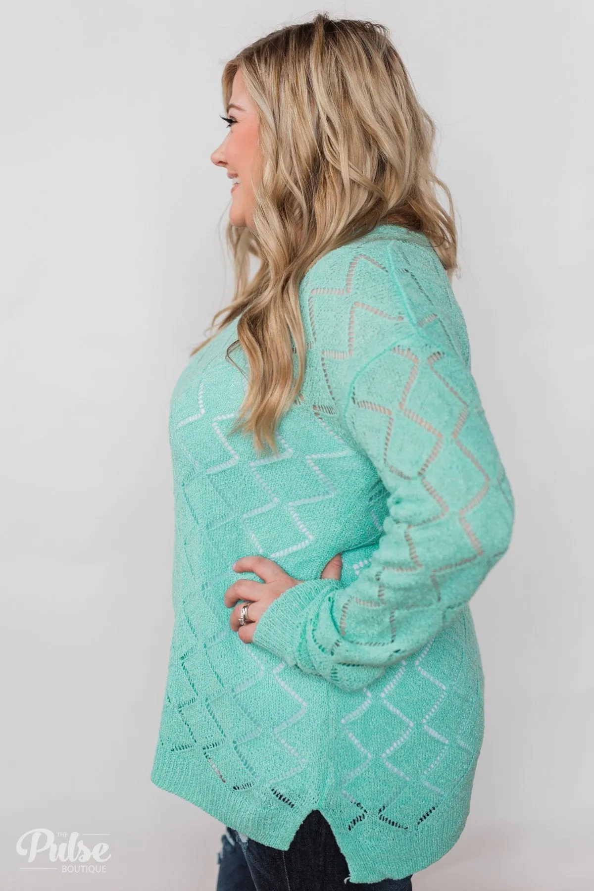 Long Sleeve Pointelle Knitted Sweater- MInt
